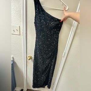 Black crossover sparkly black dress with thigh split